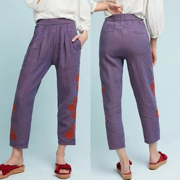 Anthropologie Embroidered Linen Pull On Pants Purple/Orange Size XS Artsy Boho - Picture 1 of 15